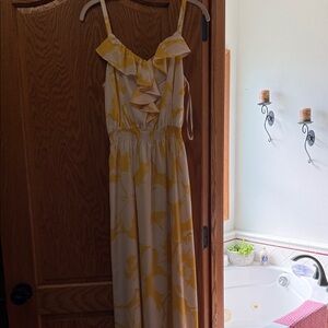 LOFT Yellow and Cream Floral Ruffle Maxi Dress with Spaghetti Straps